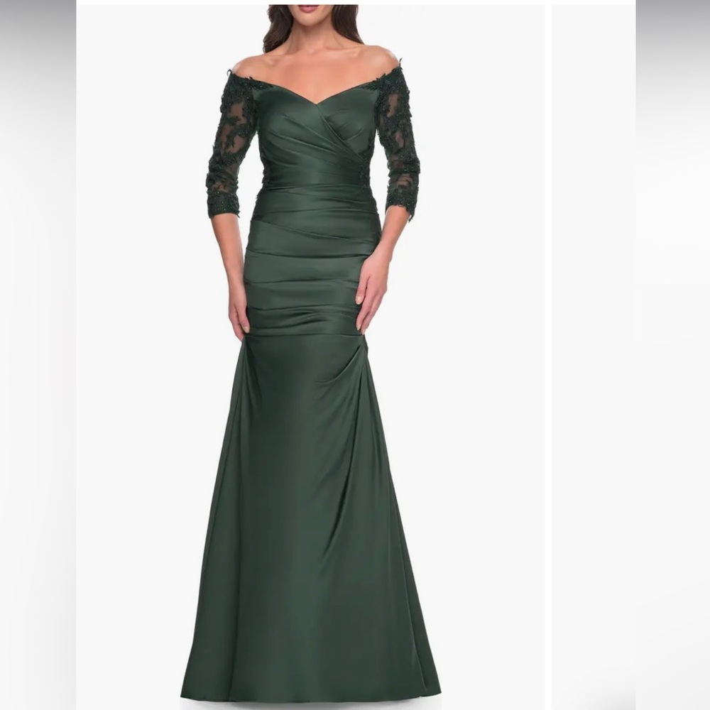 La Femme Dark Green Off-Shoulder Long Sleeve Dress Item# 10758716